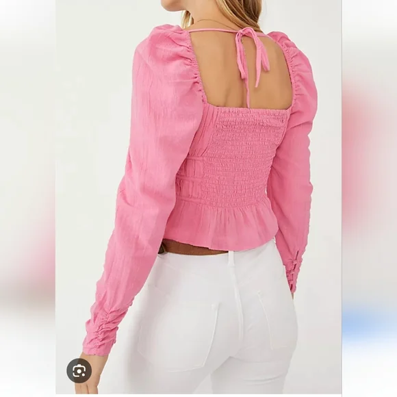 Free People Pink Ruched Peplum Blouse - Picture 2 of 6